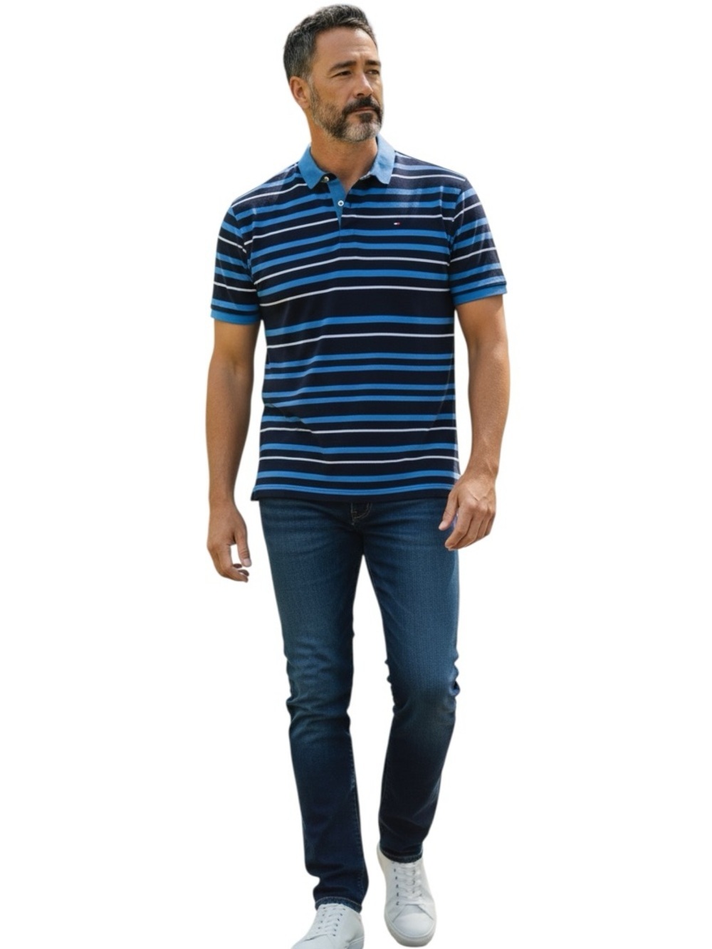 Tommy Hilfiger Navy, Bright Blue & White Striped Polo Shirt XL - Picture 2 of 9